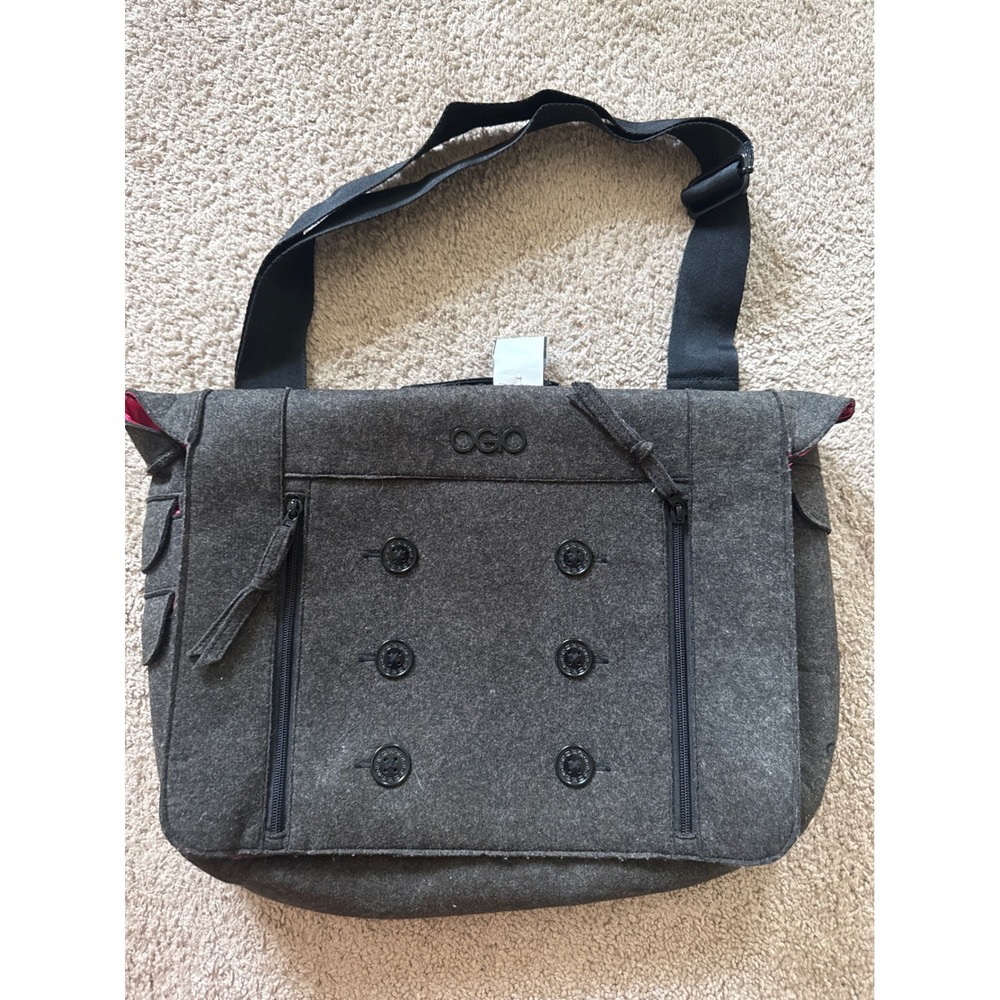 OGIO Grey Felt Messenger Bag Crossbody Red Lining Double Breasted Button Detail